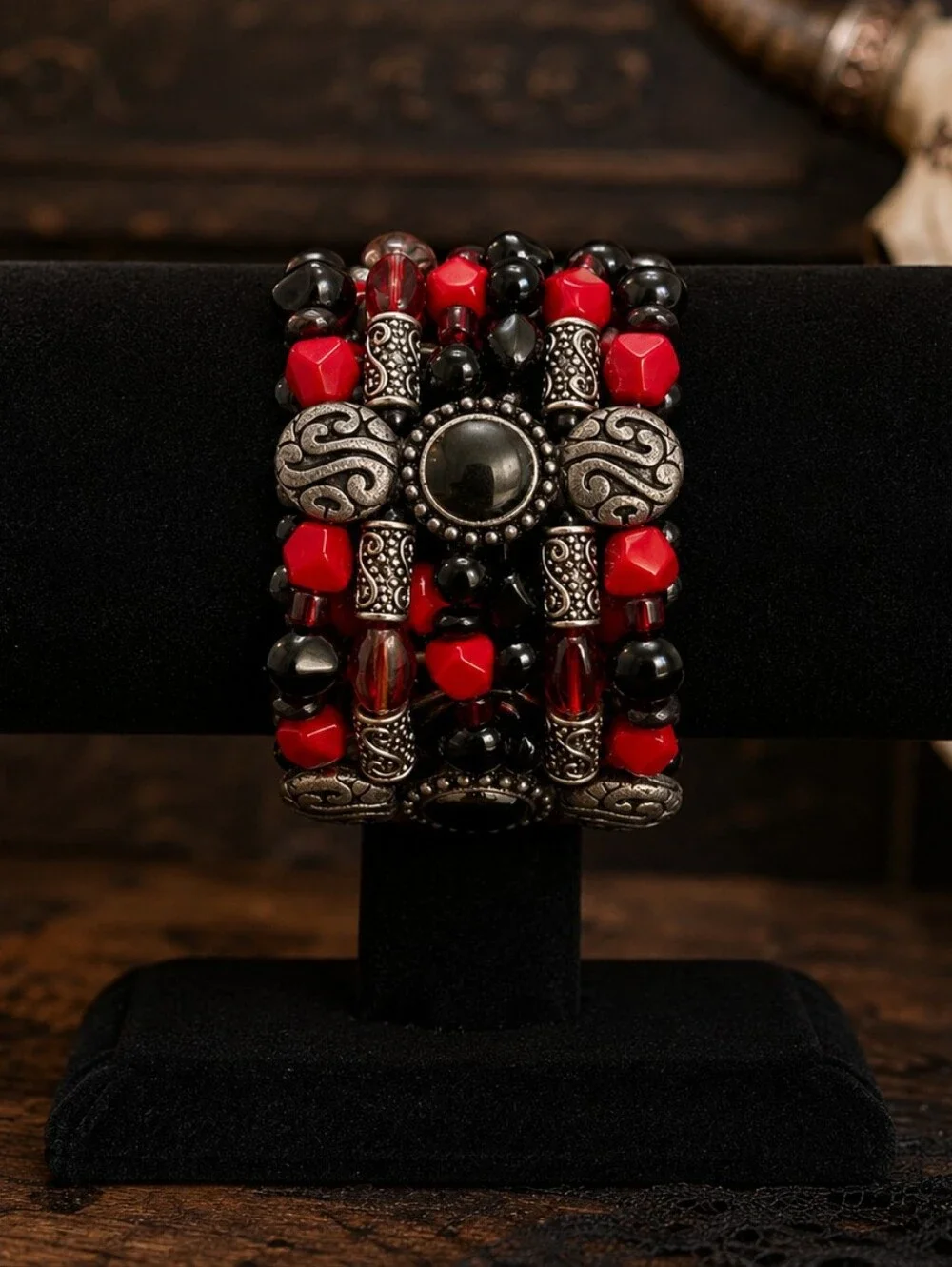 Red Black Silver Tone Multi Strand Beaded Bracelet 7” Statement Boho
